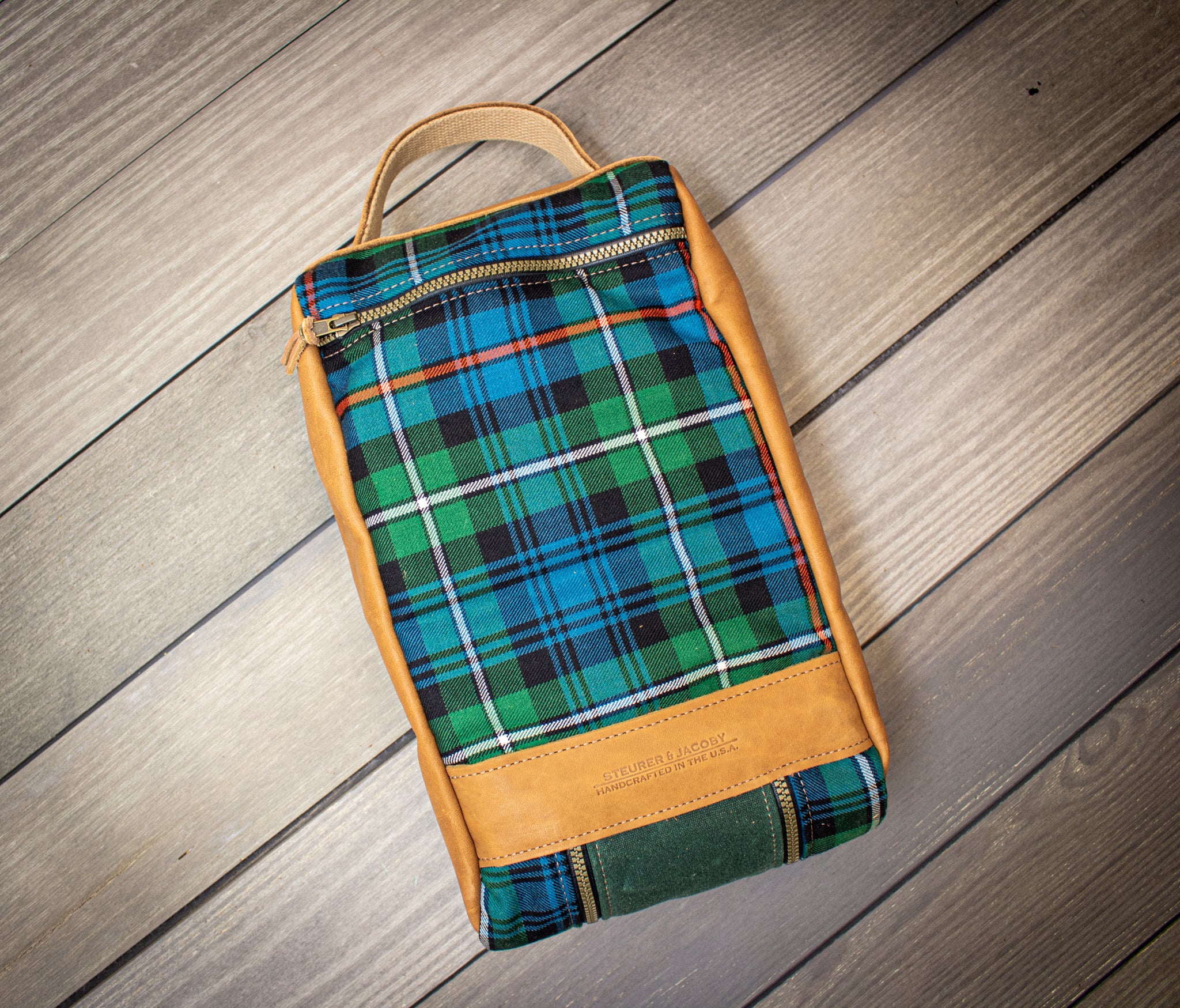 Mackenzie OC Tartan and Spruce Green with Natural Leather Shoe Bag- Steurer & Jacoby