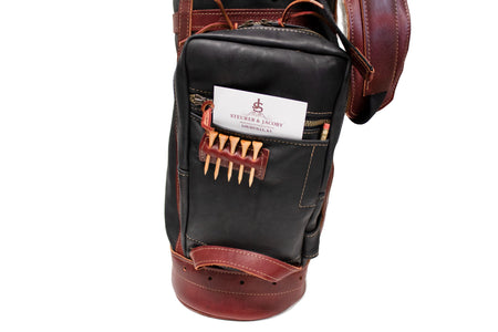 Black Leather with Burgundy Leather Trim Sunday Style Golf Bag Ball Pocket- Steurer & Jacoby