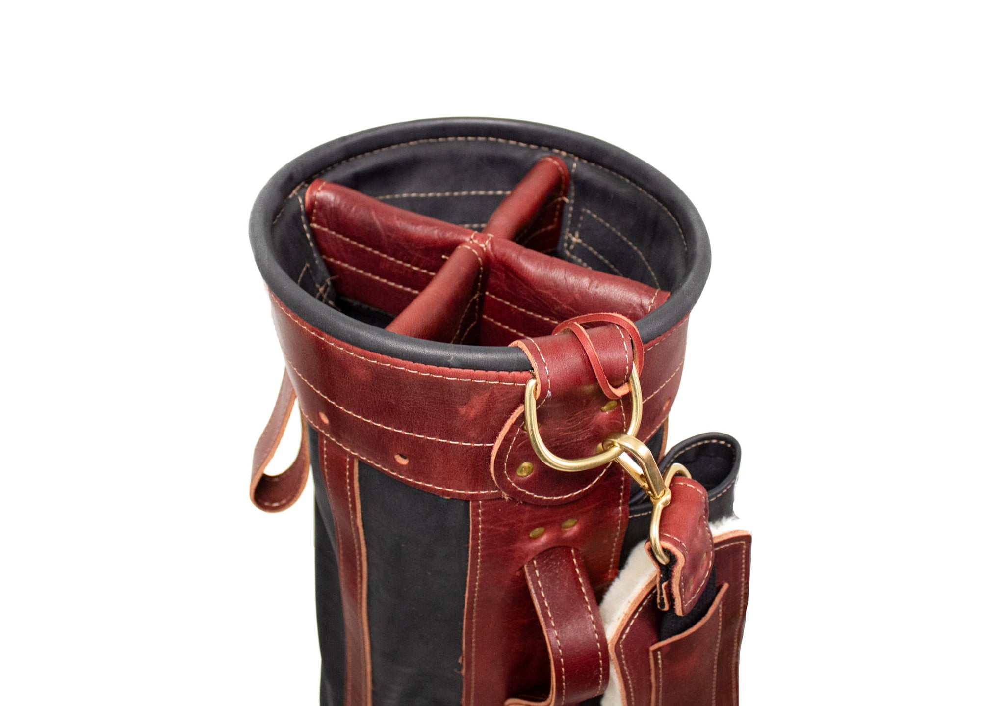Black Leather with Burgundy Leather Trim Sunday Style Golf Bag Top Cuff- Steurer & Jacoby