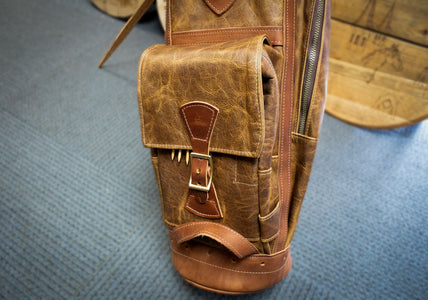 Caramel Bison and Chestnut Leather Trim Airliner Style Golf Bag Ball Pocket- Steurer & Jacoby