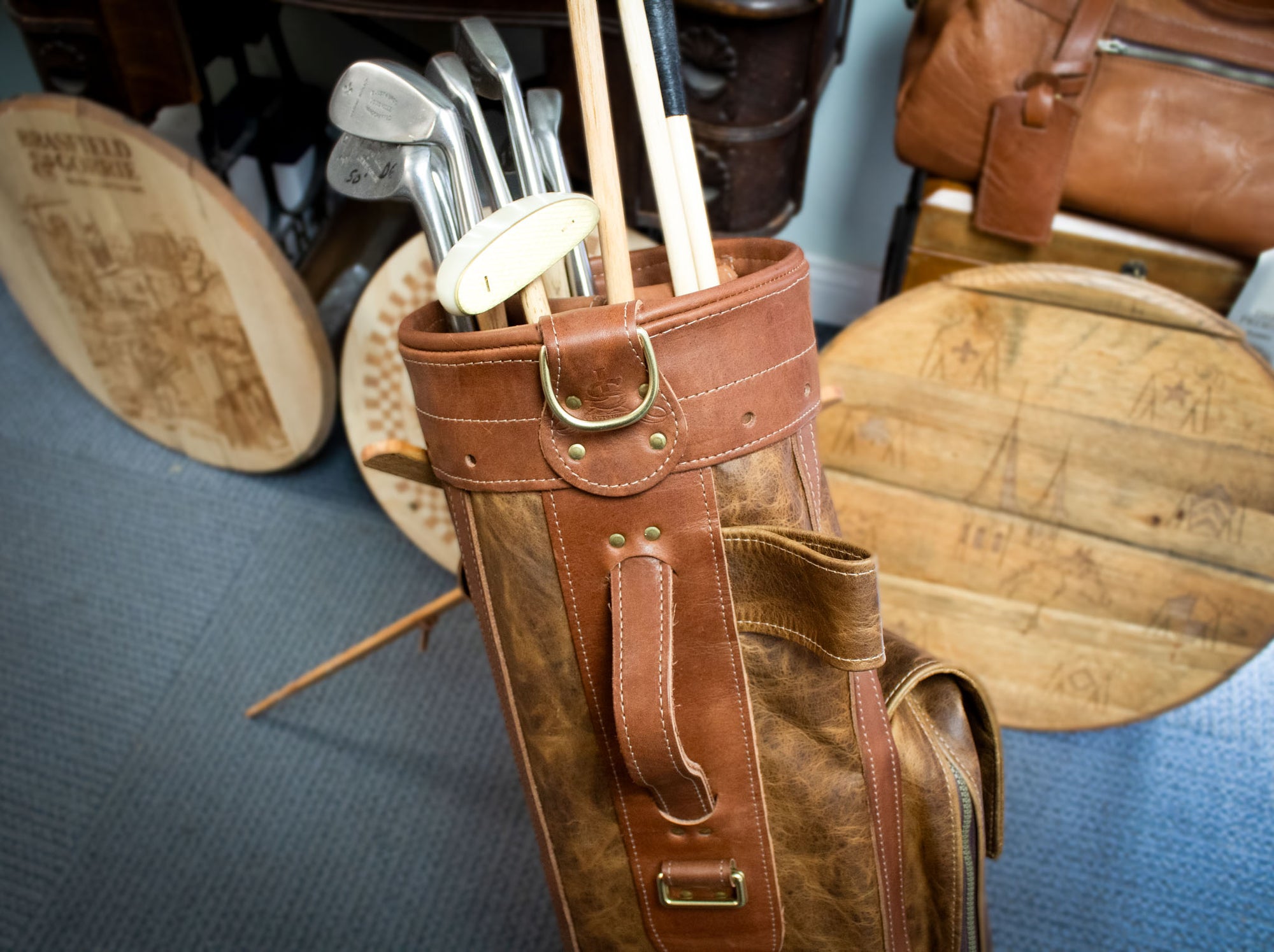 Caramel Bison and Chestnut Leather Trim Airliner Style Golf Bag Top Cuff- Steurer & Jacoby