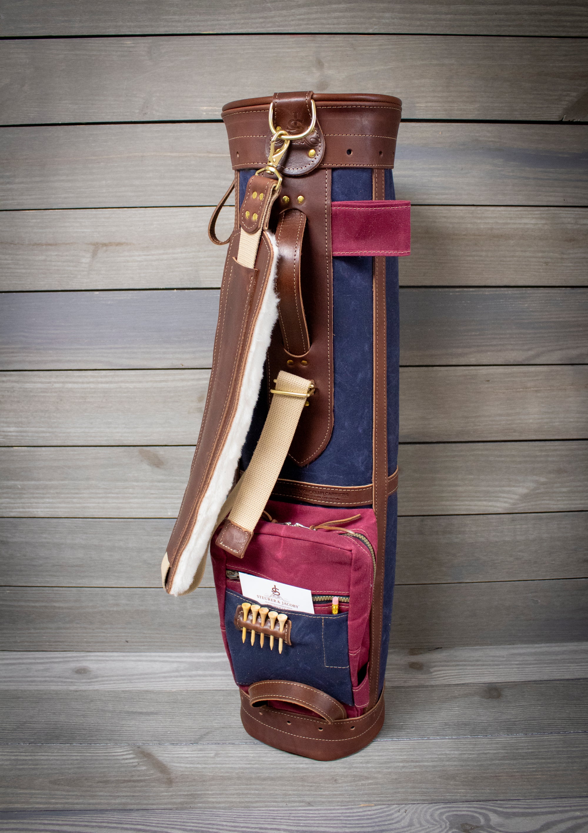 8" Sunday Style Golf Bag- Navy with Burgundy Accents and Chestnut Leather- Steurer & Jacoby