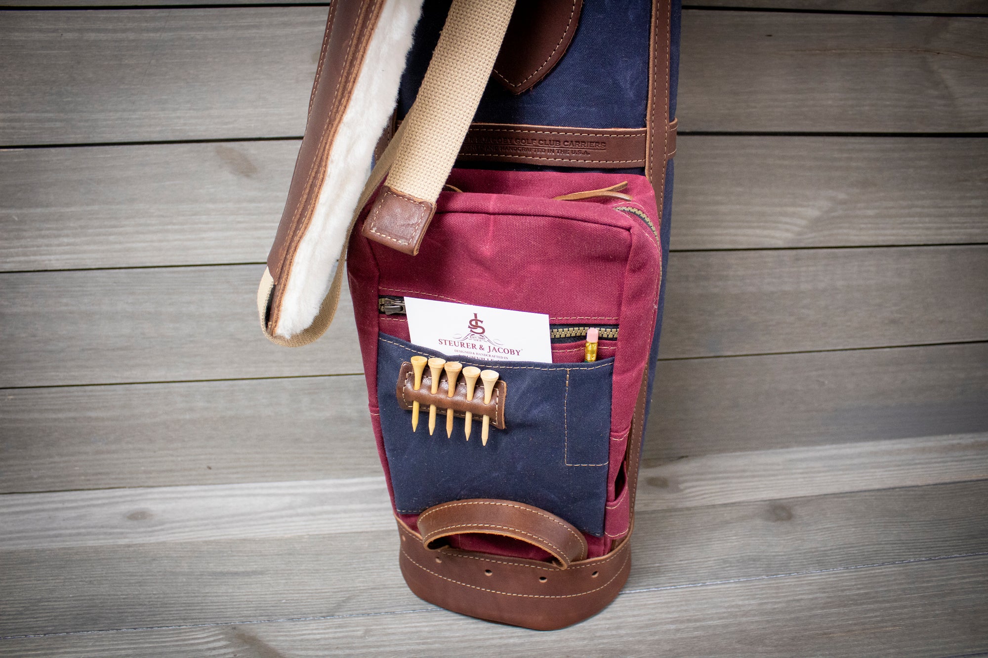 8" Sunday Style Golf Bag Ball Pocket- Navy with Burgundy Accents and Chestnut Leather- Steurer & Jacoby