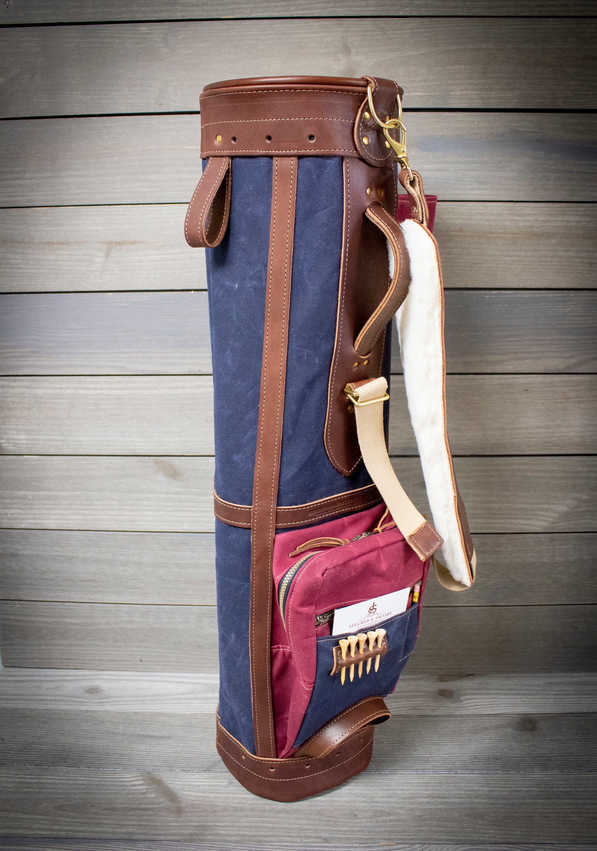 8" Sunday Style Golf Bag- Navy with Burgundy Accents and Chestnut Leather- Steurer & Jacoby