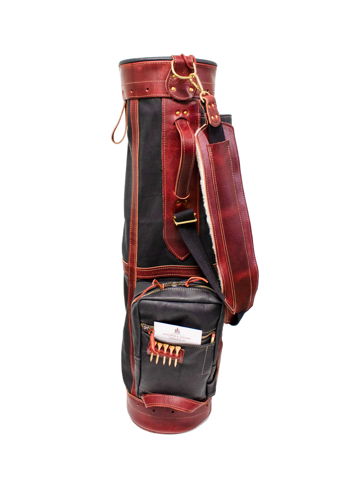 Black Leather with Burgundy Leather Trim Sunday Style Golf Bag- Steurer & Jacoby