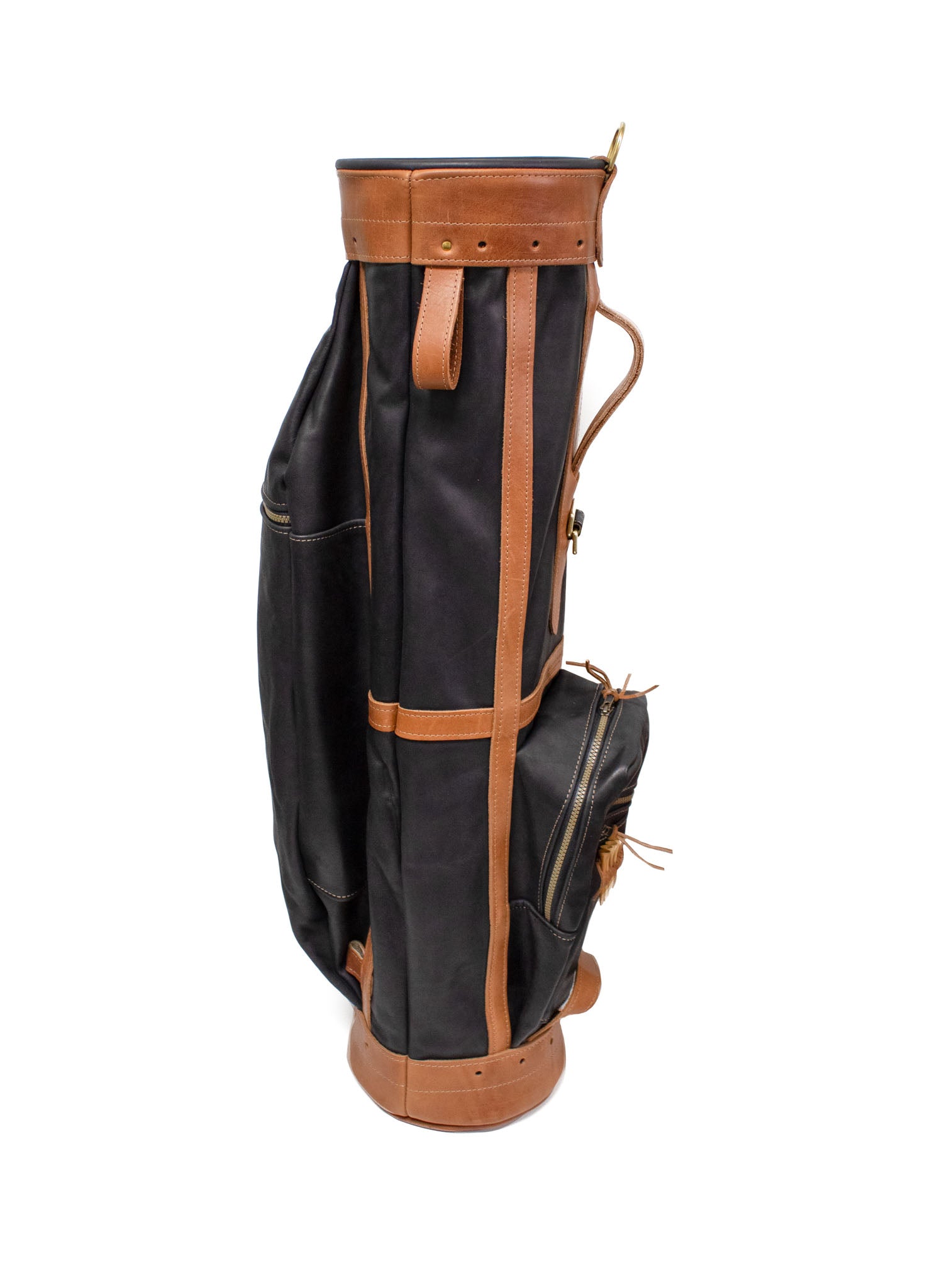 Black Leather and Natural Leather Staff Golf Bag Side View- Steurer & Jacoby