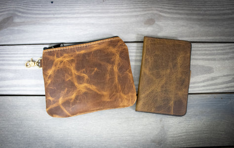 Caramel Bison Leather Tee Pouch and Caramel Bison Leather Scorecard Holder- Steurer & Jacoby