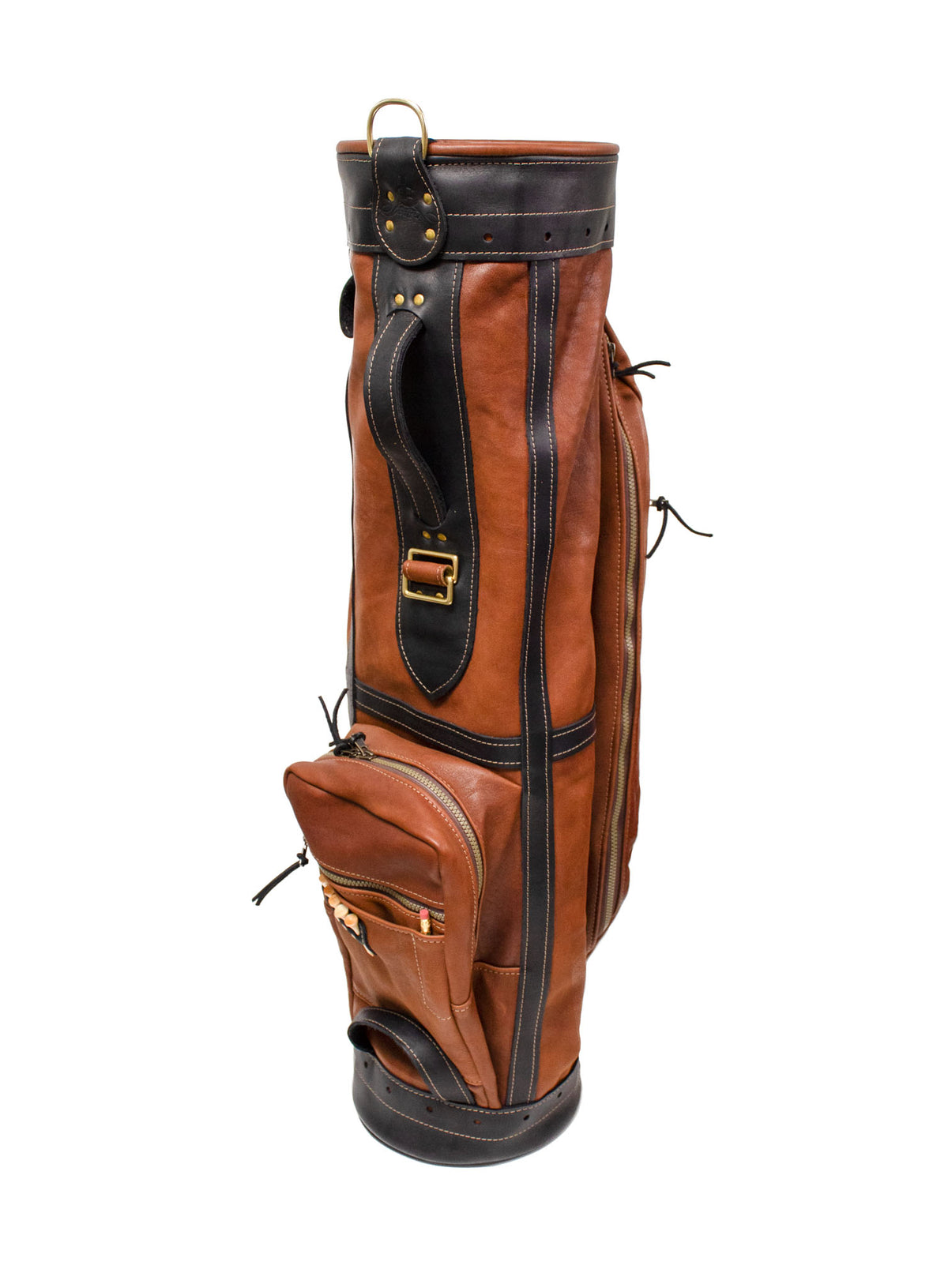 Chestnut Leather and Black Leather Trim Staff Style Golf Bag- Steurer & Jacoby