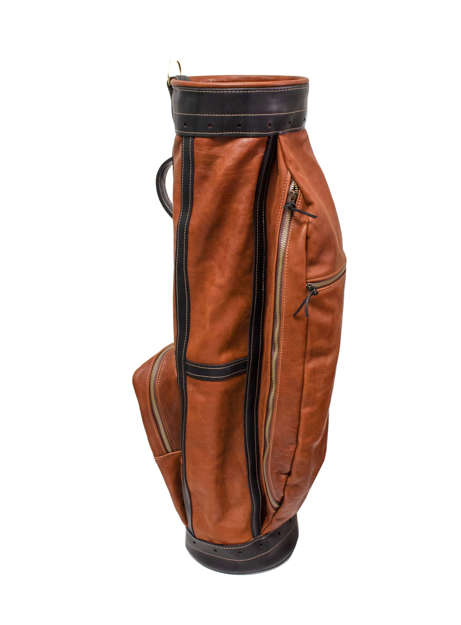 Chestnut Leather and Black Leather Trim Staff Style Golf Bag Back- Steurer & Jacoby