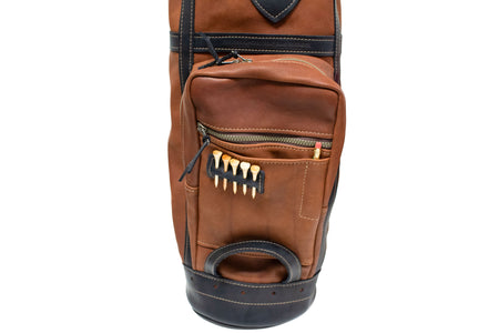 Chestnut Leather and Black Leather Trim Staff Style Golf Bag Ball Pocket- Steurer & Jacoby