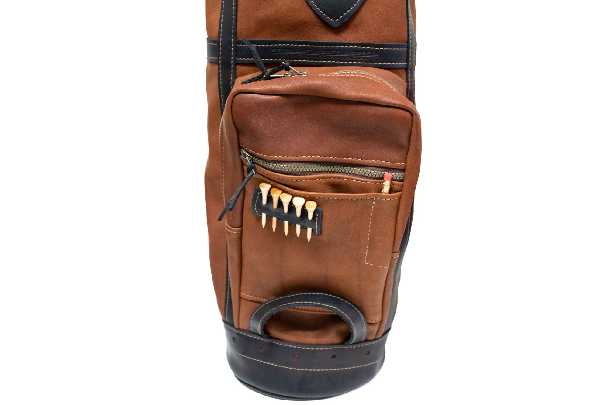 Chestnut and Black Leather Staff Style Golf Bag Ball Pocket- Steurer & Jacoby