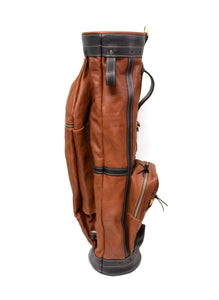 Chestnut Leather and Black Leather Trim Staff Style Golf Bag Side View- Steurer & Jacoby