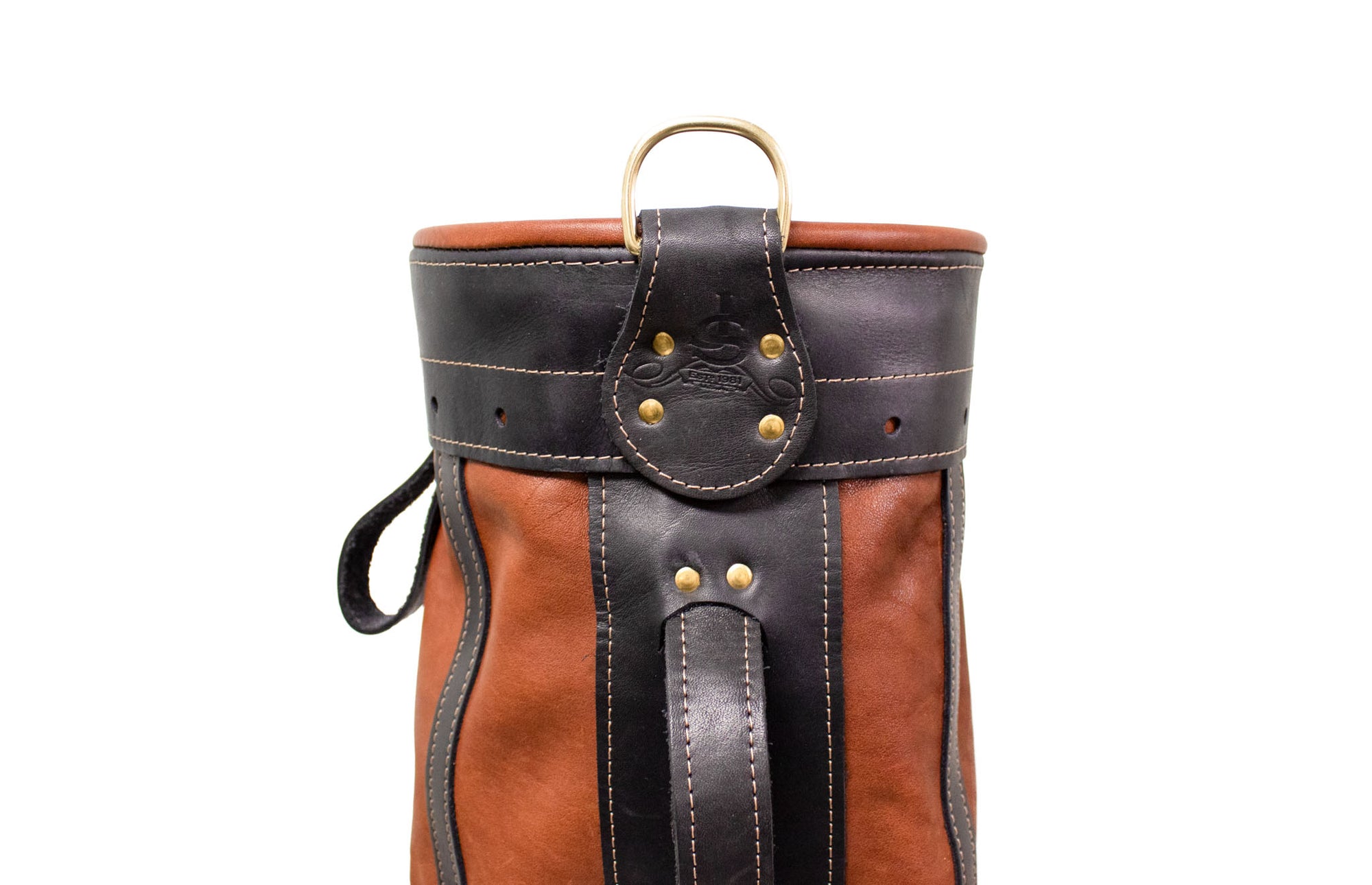 Chestnut Leather and Black Leather Trim Staff Style Golf Bag Top Cuff- Steurer & Jacoby