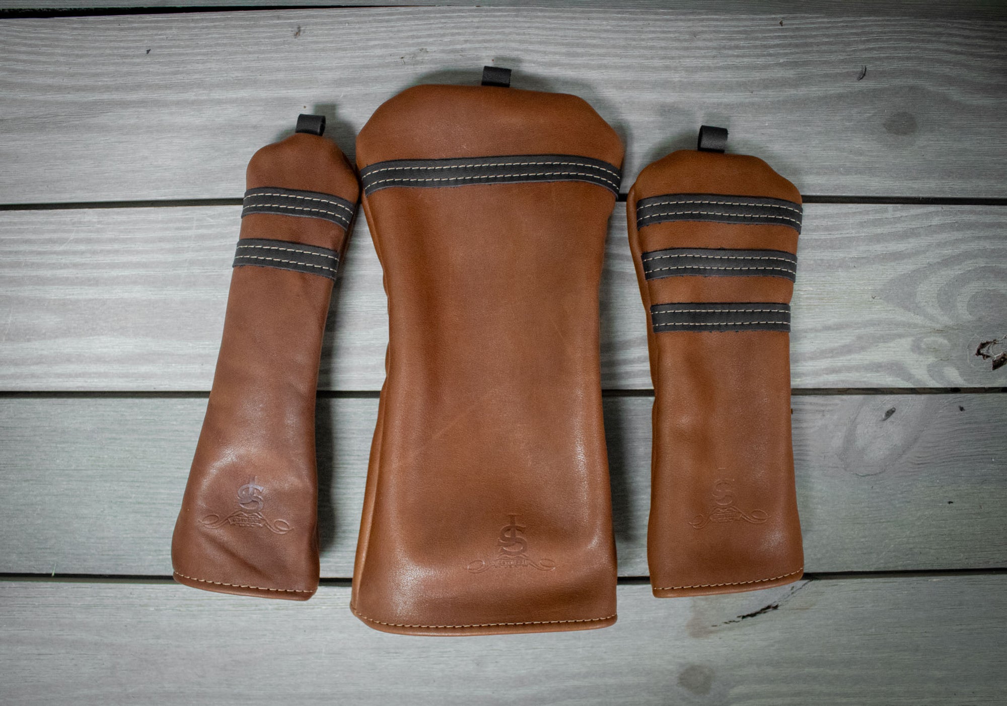 Chestnut and Black Leather Set of Golf Head Covers- Steurer & Jacoby
