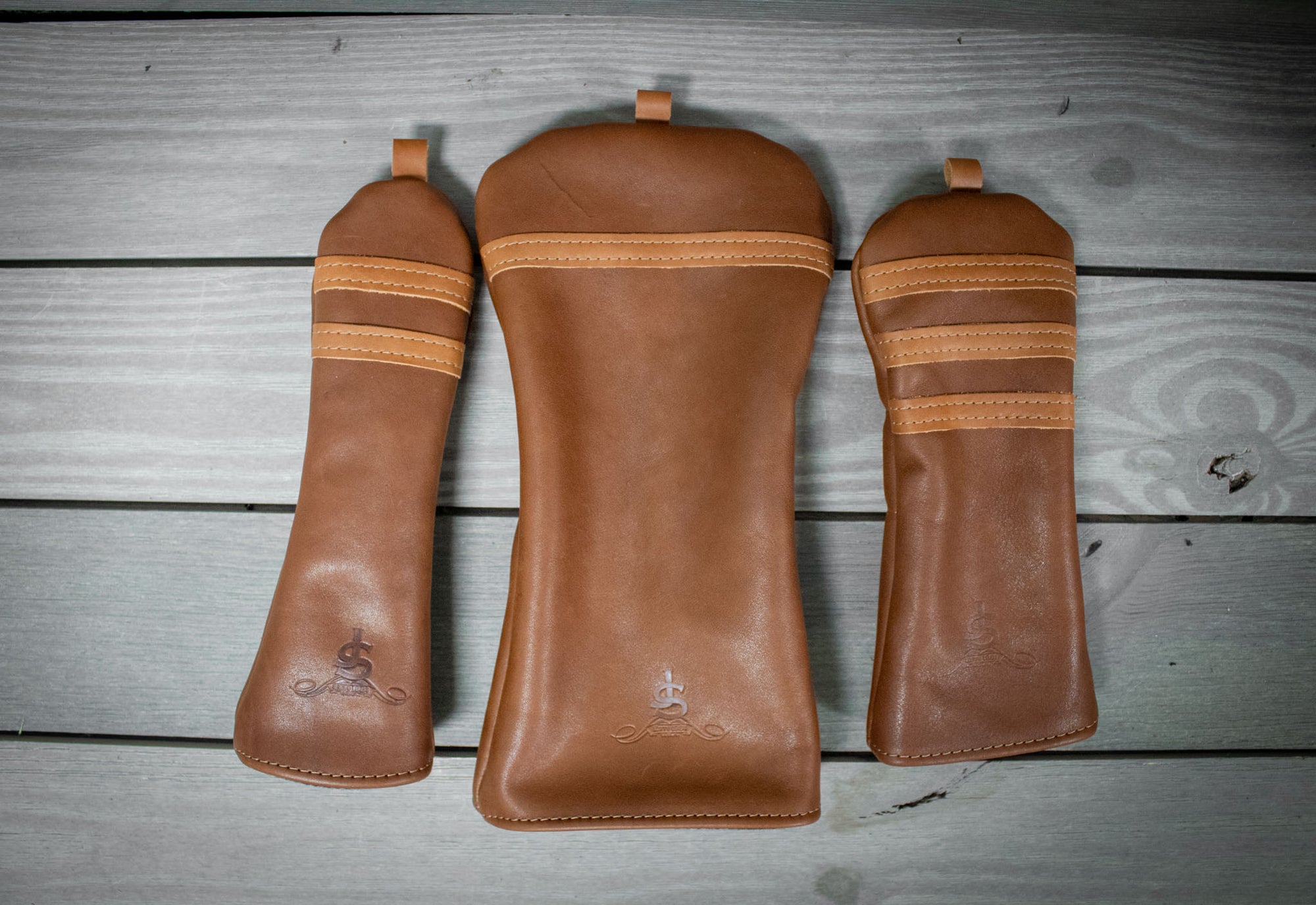 Chestnut and Natural Leather Set of Golf Head Covers- Steurer & Jacoby