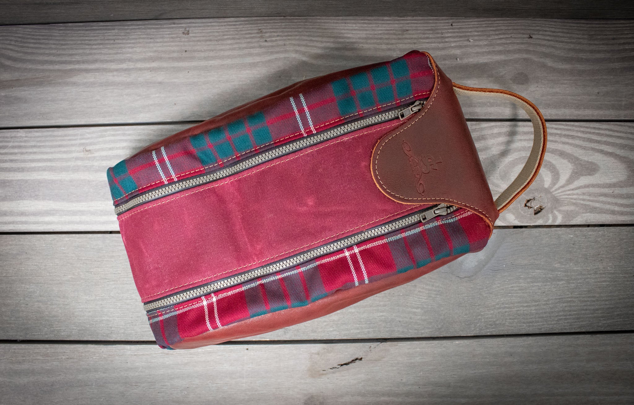 Crawford Tartan and Burgundy Leather Shoe Bag- Steurer & Jacoby