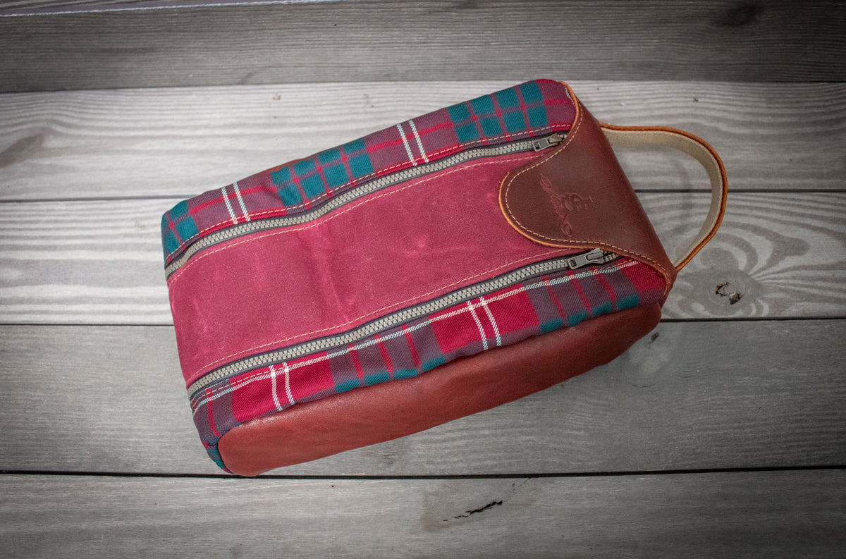Crawford Tartan and Burgundy Leather Shoe Bag- Steurer & Jacoby