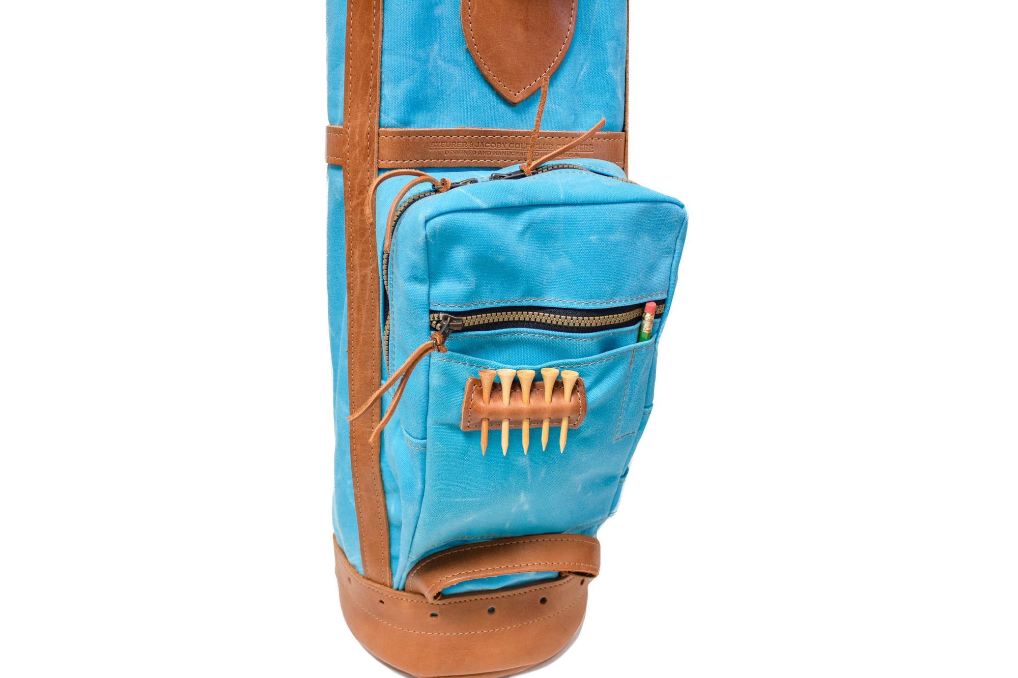  Light Blue with Natural Leather Sunday Style Golf Bag Ball Pocket- Steurer & Jacoby