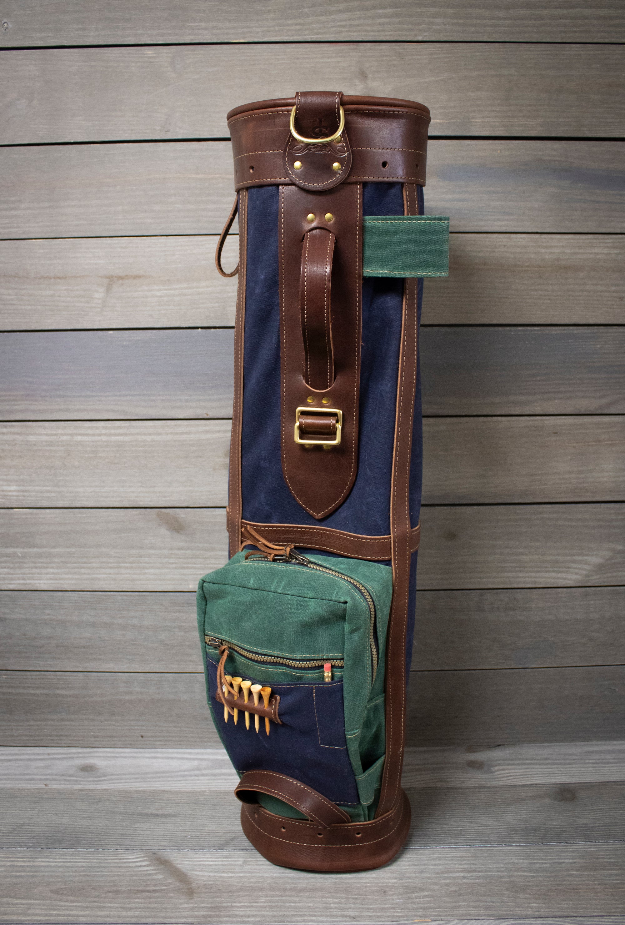 Navy and Spruce Green with Chestnut Leather 8" Sunday Style Golf Bag- Steurer & Jacoby