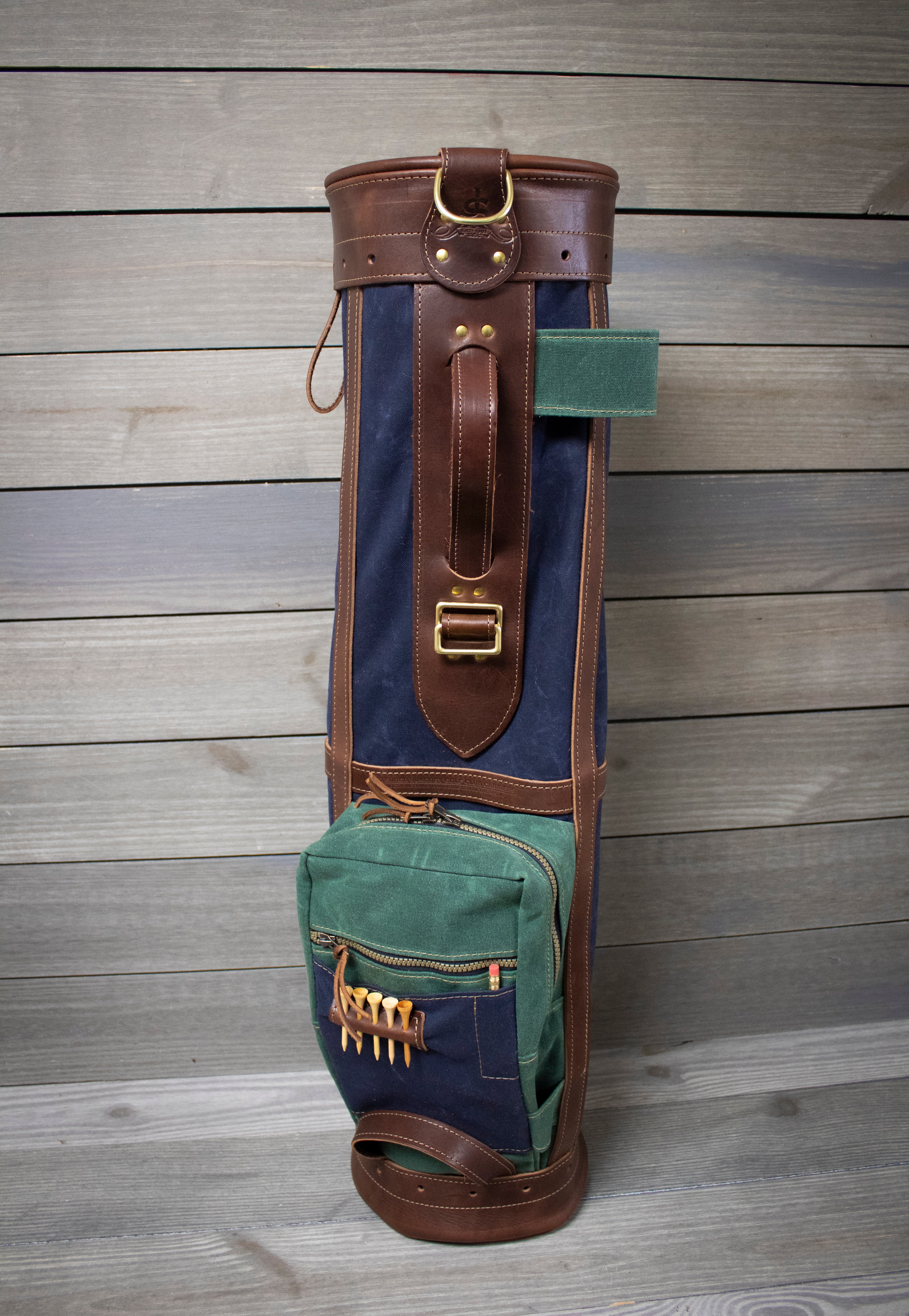 Navy and Spruce Green with Chestnut Leather 8" Sunday Style Golf Bag- Steurer & Jacoby