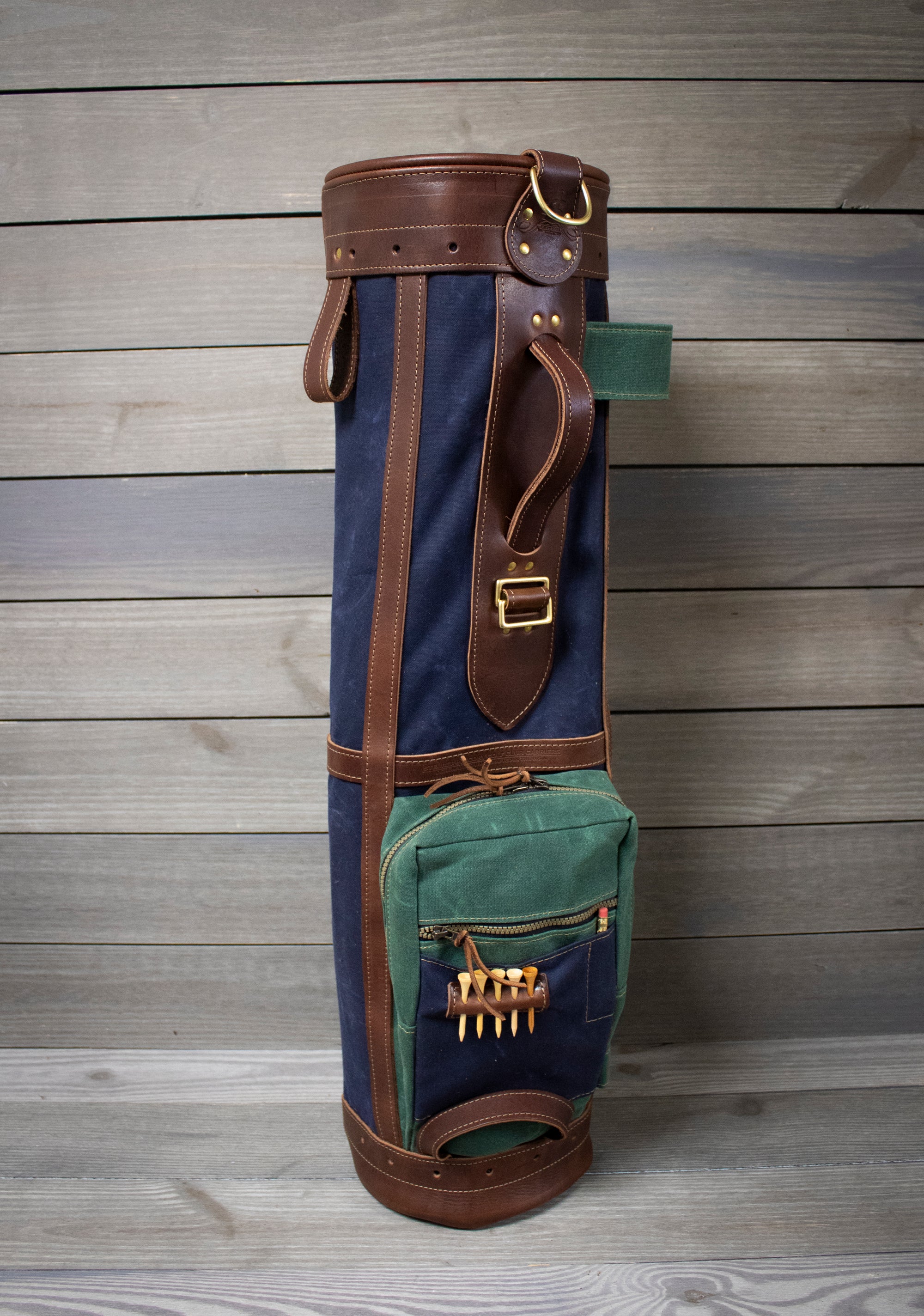 Navy and Spruce Green with Chestnut Leather 8" Sunday Style Golf Bag- Steurer & Jacoby