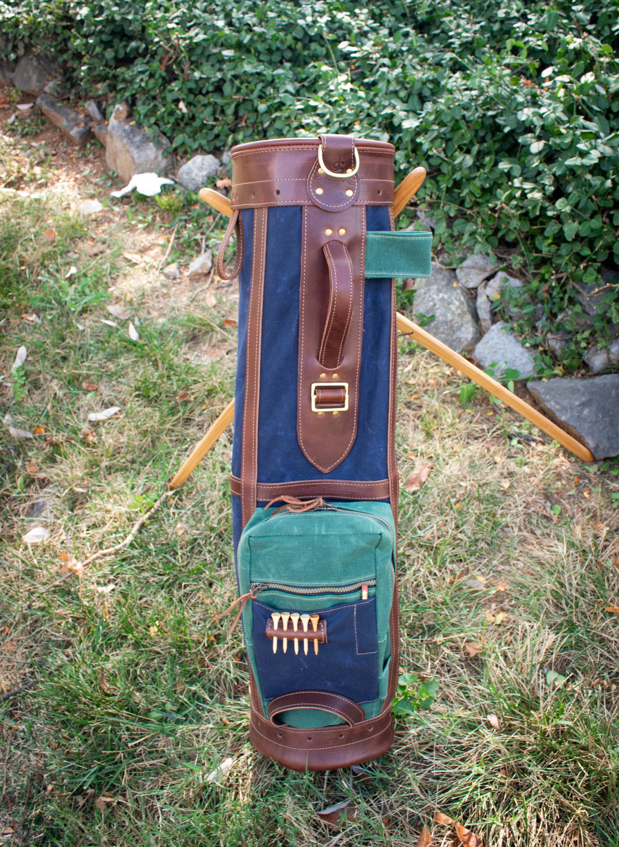 Navy and Spruce Green with Chestnut Leather 8" Sunday Style Golf Bag Outside- Steurer & Jacoby