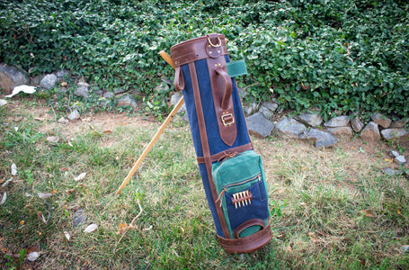 Navy and Spruce Green with Chestnut Leather 8" Sunday Style Golf Bag Outside- Steurer & Jacoby