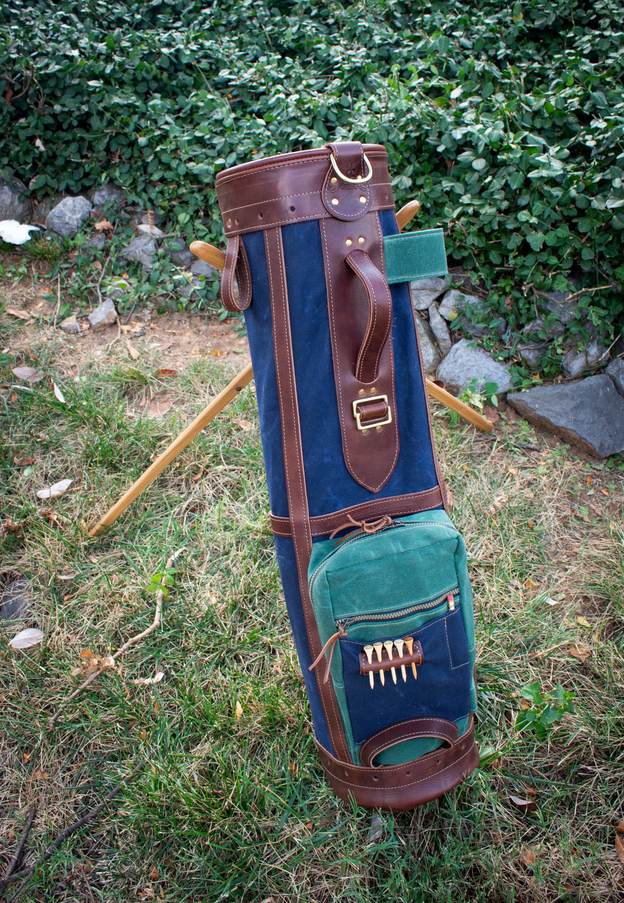 Navy and Spruce Green with Chestnut Leather 8" Sunday Style Golf Bag Outside- Steurer & Jacoby