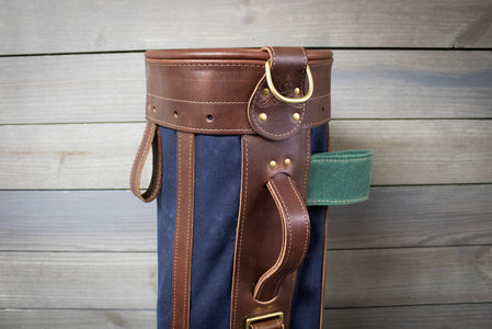 Navy and Spruce Green with Chestnut Leather 8" Sunday Style Golf Bag- Steurer & Jacoby