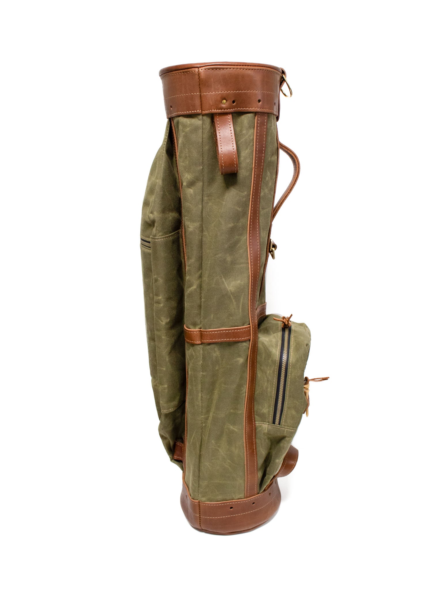 Leather & Waxed Canvas Classic Staff Golf Bag with No Flap- Olive with Chestnut Leather
