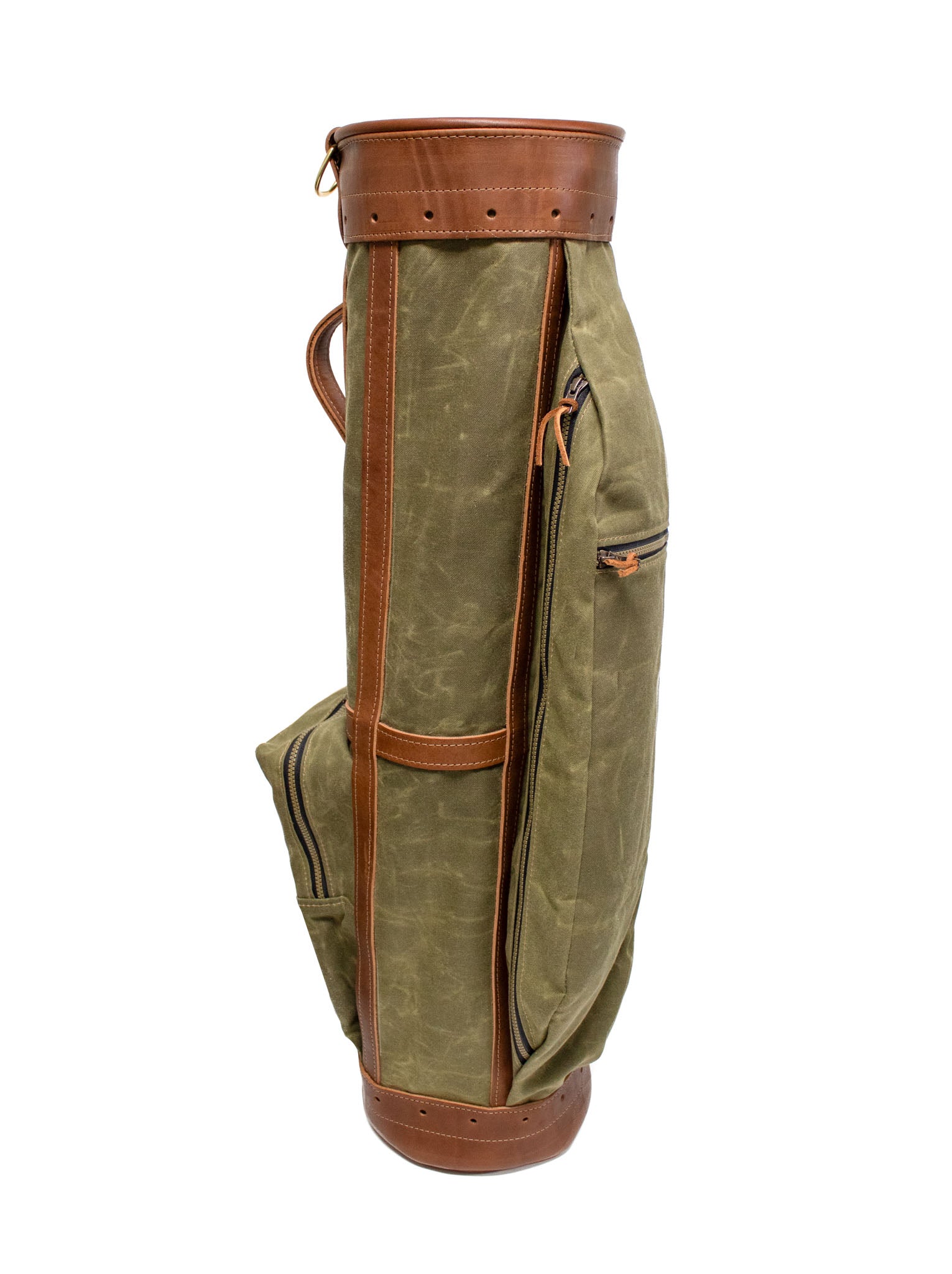 Leather & Waxed Canvas Classic Staff Golf Bag with No Flap- Olive with Chestnut Leather