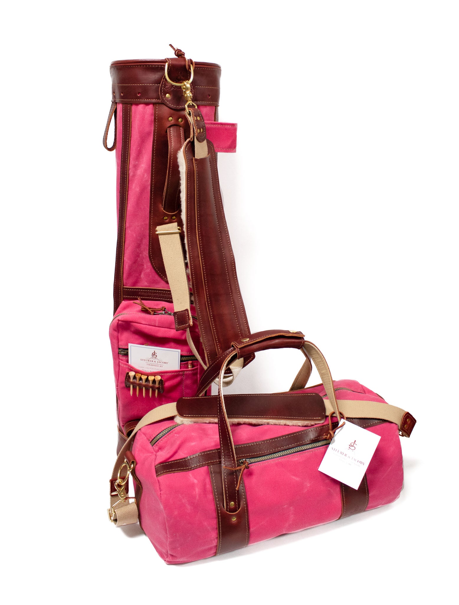 Pink and Burgundy Leather Sunday Style Golf Bag and Club Duffel- Steurer & Jacoby