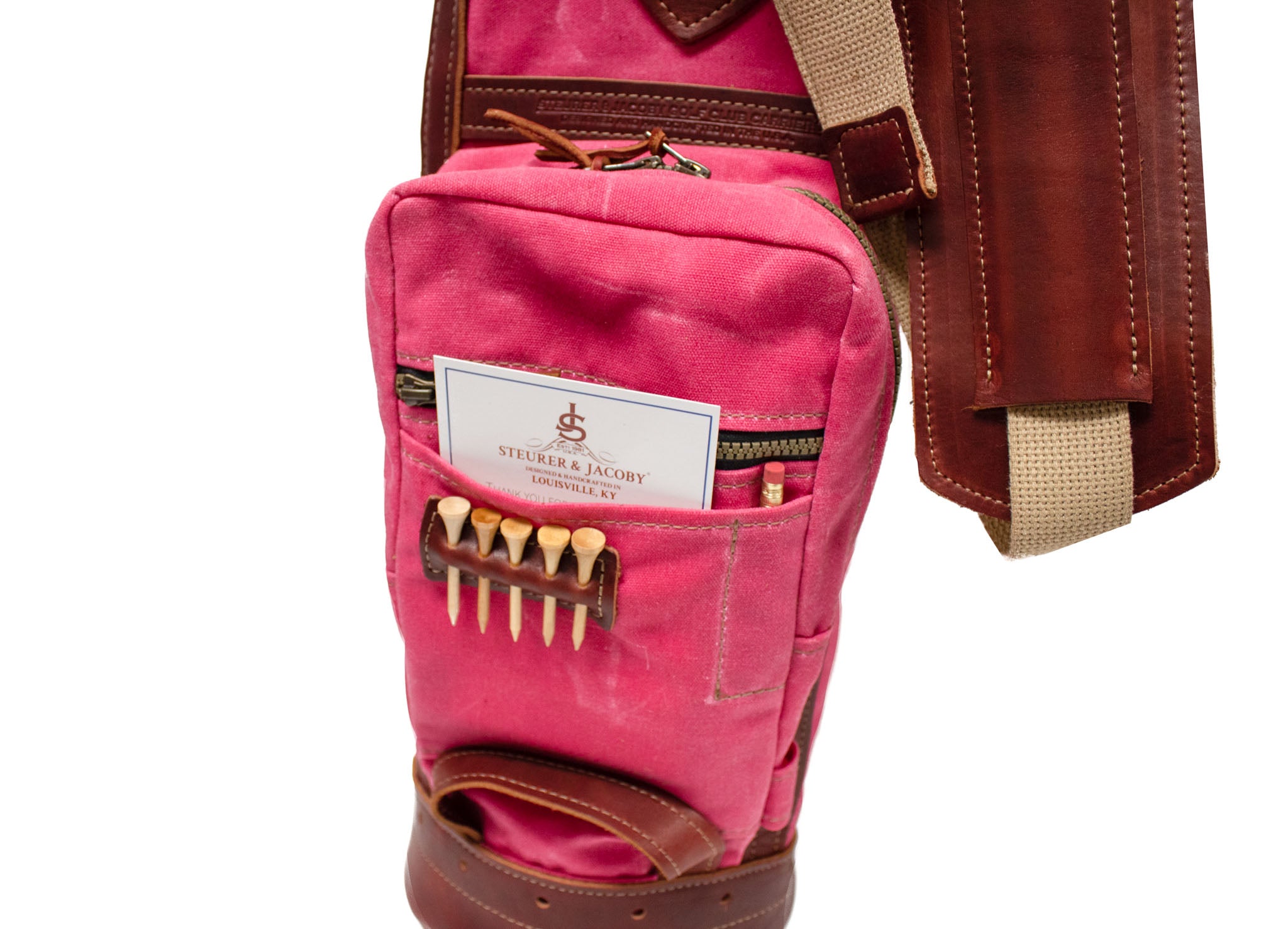 Pink and Burgundy Leather Sunday Style Golf Bag Ball Pocket- Steurer & Jacoby