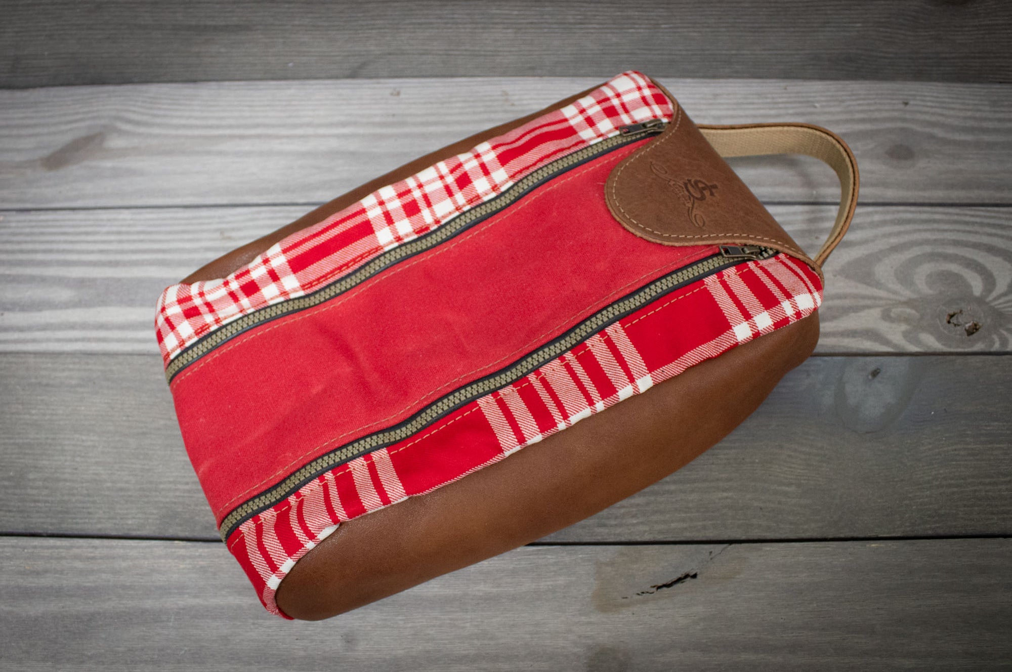 Red and White Menzies Tartan and Red with Natural Leather Shoe Bag- Steurer & Jacoby