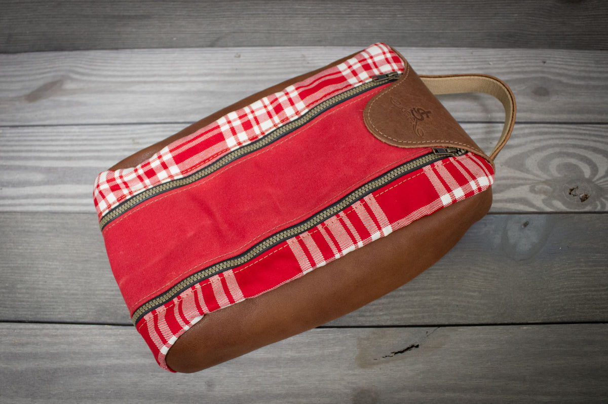 Red and White Menzies Tartan and Natural Leather Shoe Bag- Steurer & Jacoby