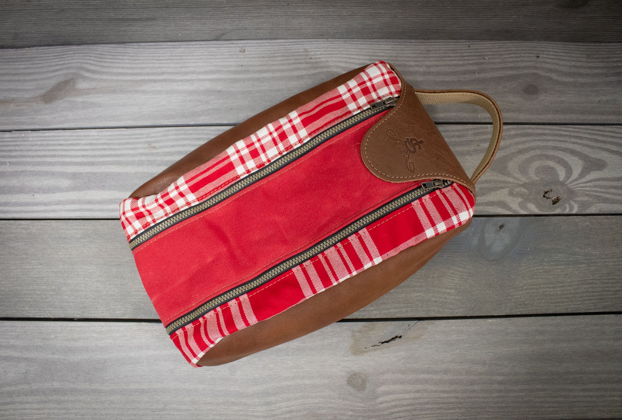 Red and White Menzies Tartan and Red with Natural Leather Shoe Bag- Steurer & Jacoby