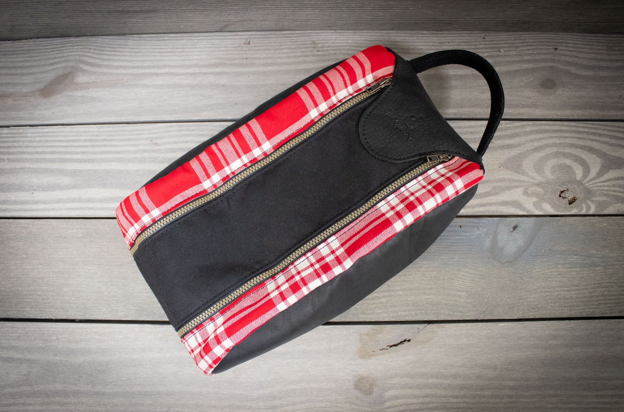 Red and White Menzies Tartan and Black with Black Leather Shoe Bag- Steurer & Jacoby