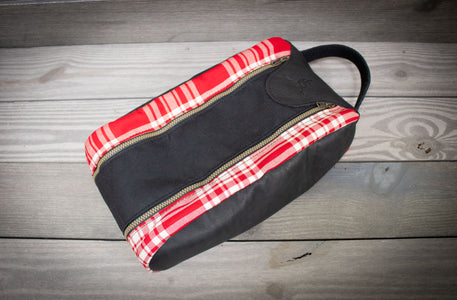Red and White Menzies Tartan and Black Leather Shoe Bag- Steurer & Jacoby