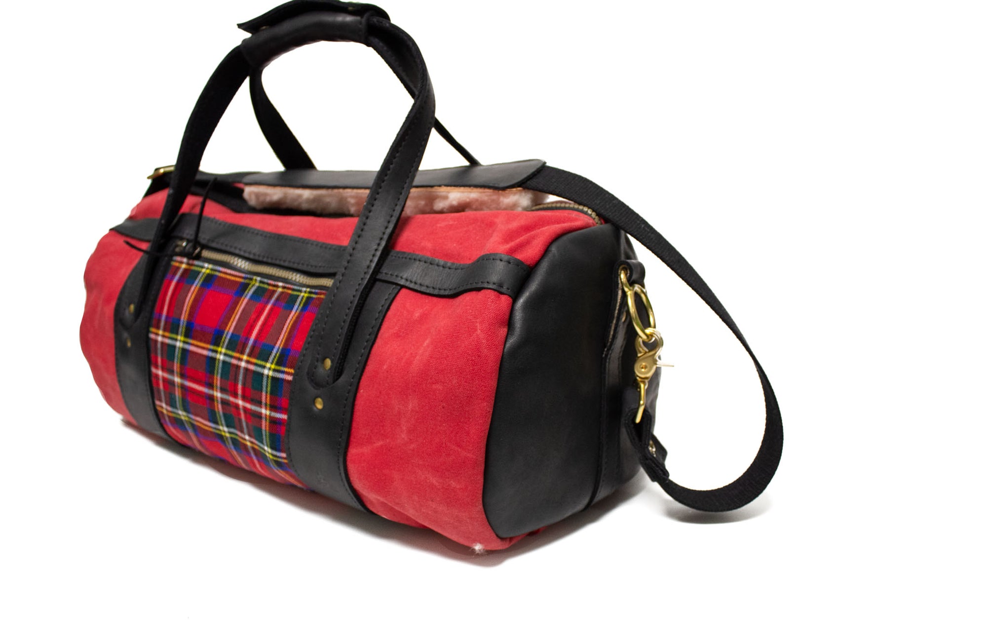 Stewart Prince Charles Tartan with Red Canvas and Black Leather Club Duffel- Steurer & Jacoby