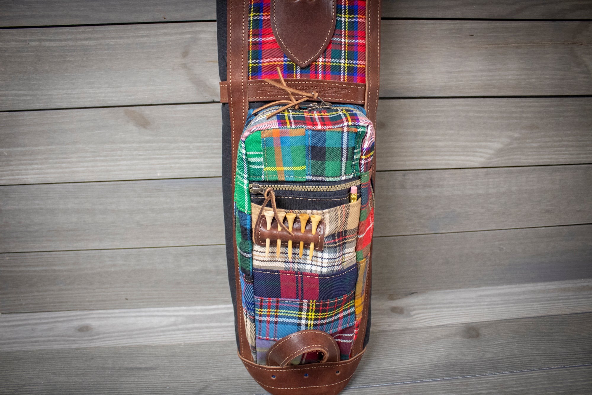 Tartan Patchwork and Black Canvas Pencil  Style Golf Bag Ball Pocket- Steurer & Jacoby