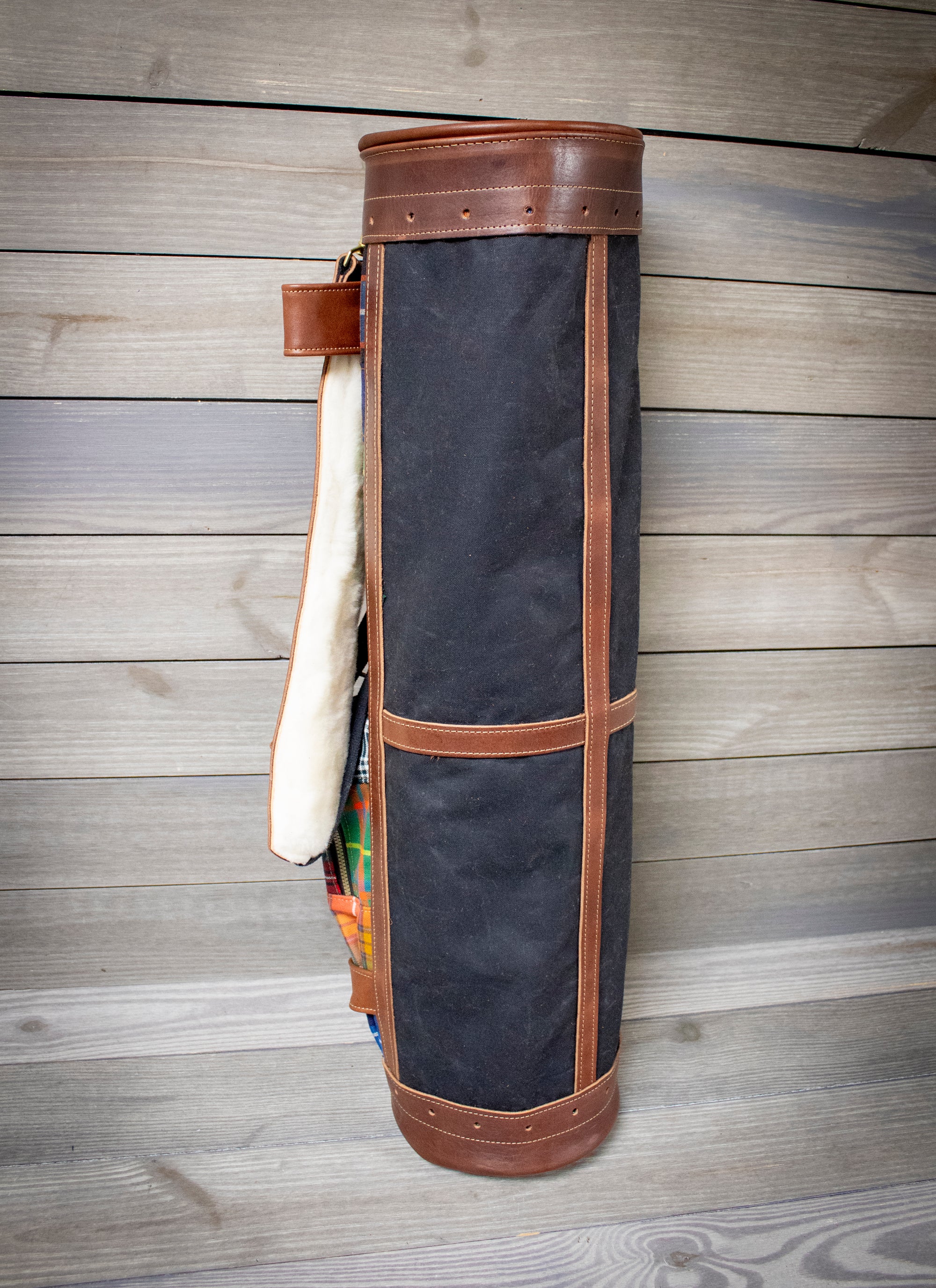 Tartan and Waxed Canvas Patchwork 8" Sunday Style Golf Bag Back Side- Steurer & Jacoby