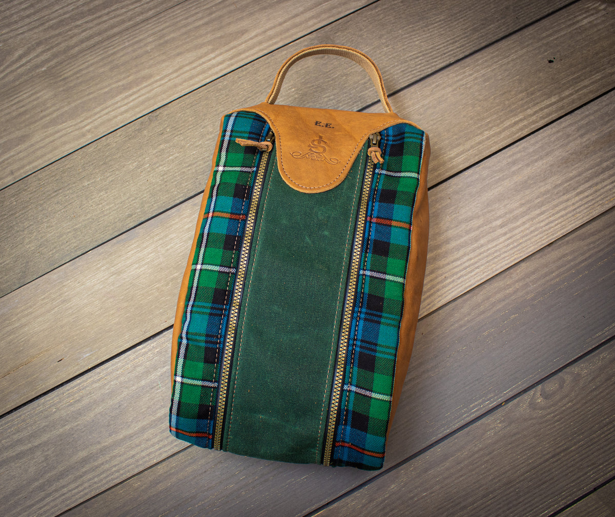 Mackenzie OC Tartan and Spruce Green with Natural Leather Shoe Bag- Steurer & Jacoby