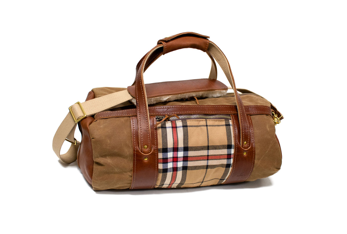 Thomsen Camel Tartan and Chestnut Leather Club Duffel Bag- Steurer & Jacoby