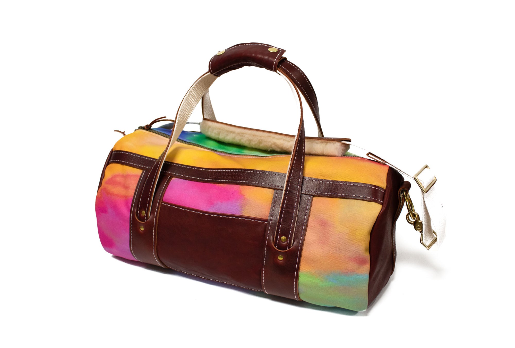 Tie Dye and Burgundy Leather Club Duffel Bag- Steurer & Jacoby