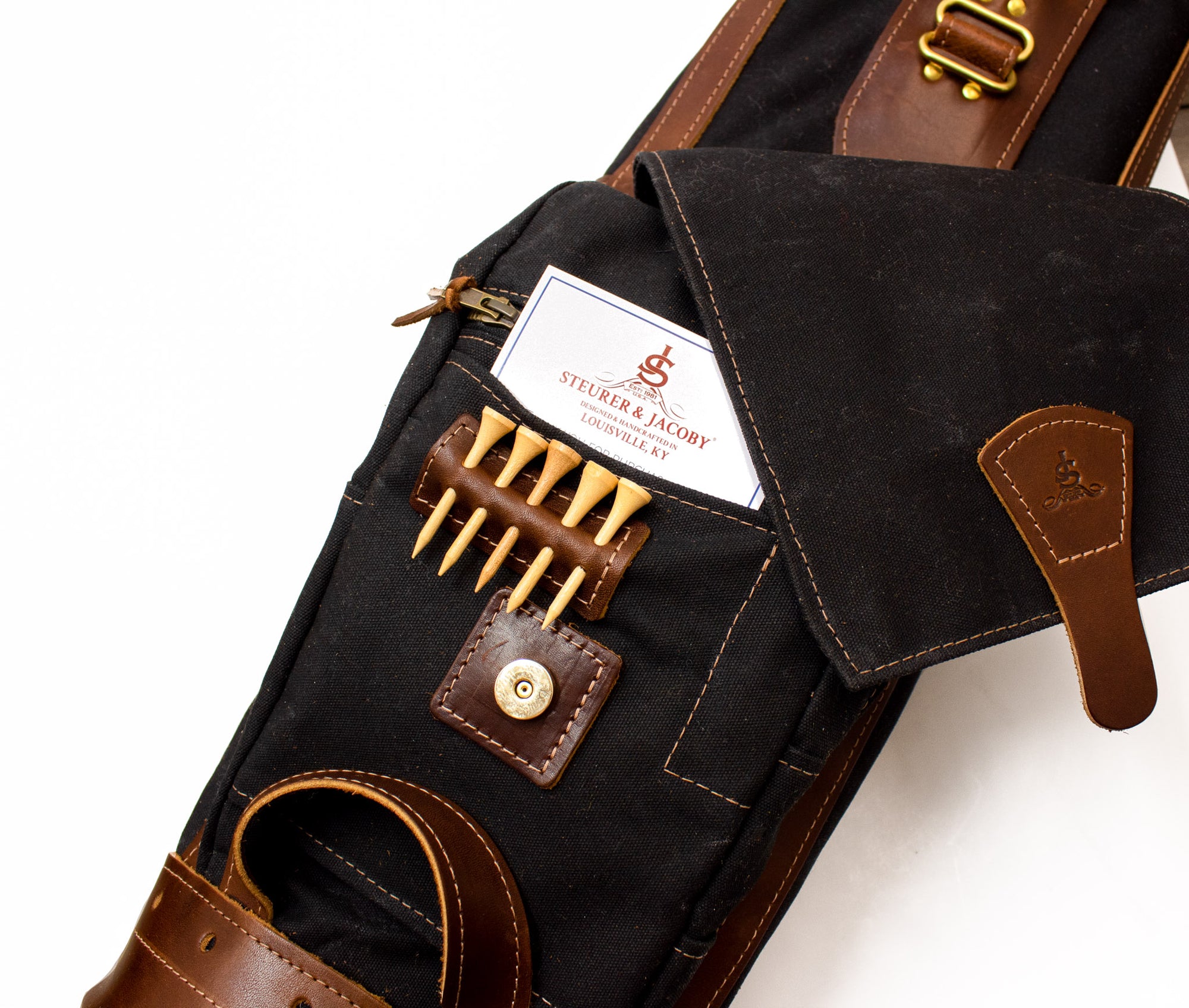 8" Sunday Style Golf Bag Black Waxed Canvas with Chestnut Leather Ball Pocket- Steurer & Jacoby