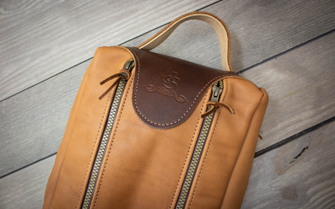 Chestnut & Natural Leather Shoe Bag Logo- Steurer & Jacoby 