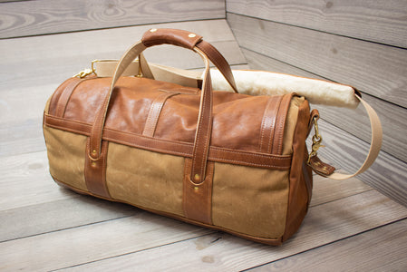 Field Tan & Natural Leather Tour Style Duffel Bag Back- Steurer & Jacoby