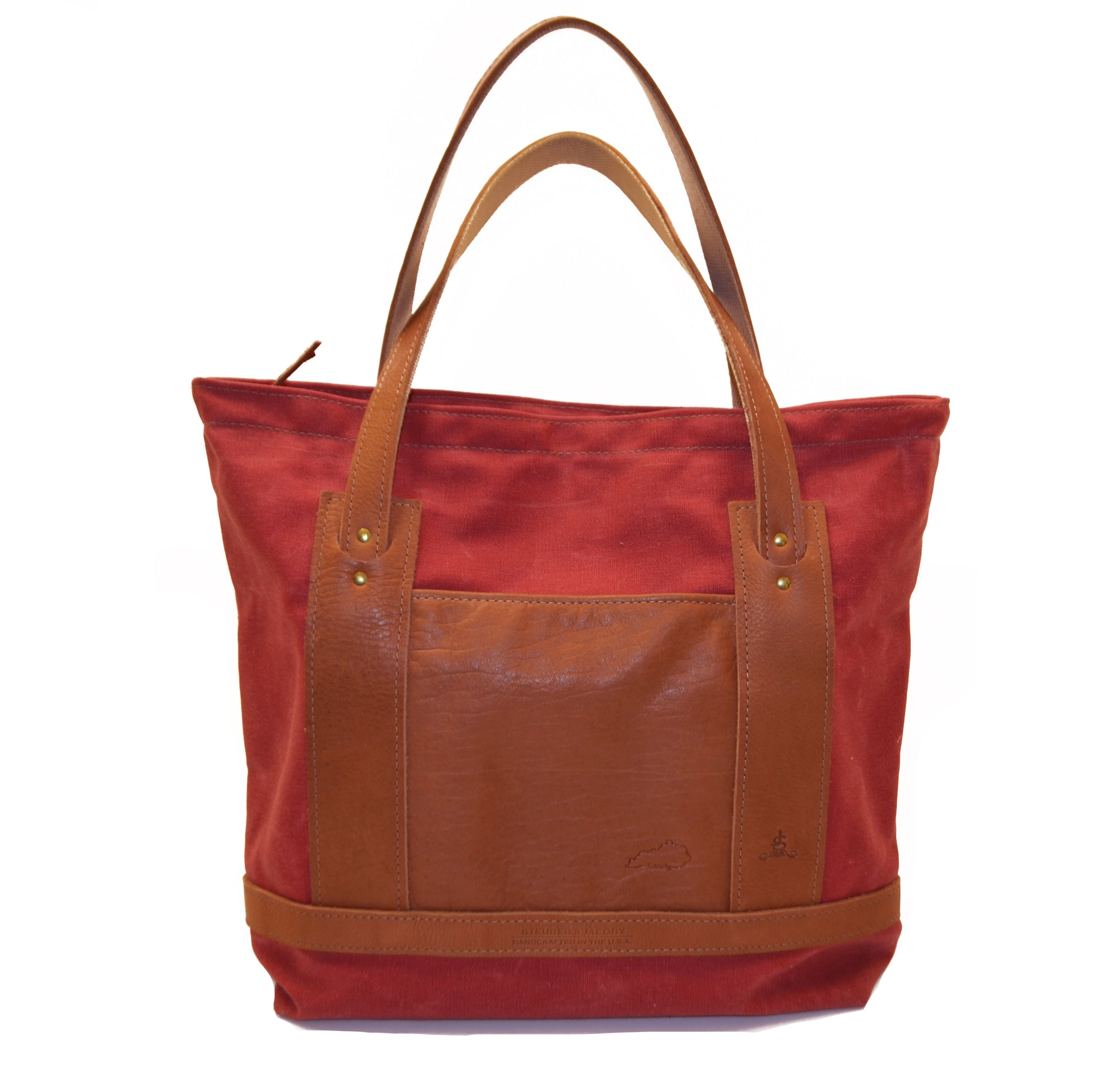 Market Bag- Nantucket Red Waxed Cotton Duck Canvas with Chestnut Leather - Steurer & Jacoby